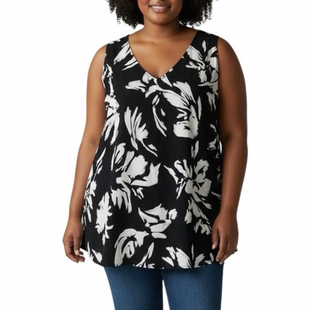 NWT Nordstrom Black White Floral V-Neck Sleeveless Blouse Tank Top 3X